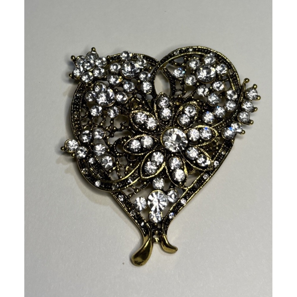 Large Heart Brooch Clear Rhinestone Floral Filigree Antique Gold Tone 2"